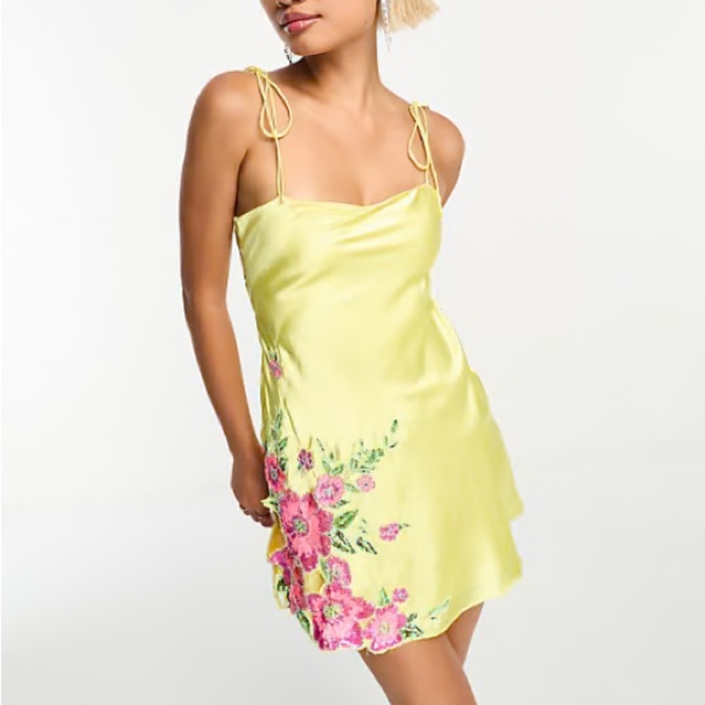 ASOS Design embellished floral applique satin mini dress in yellow
